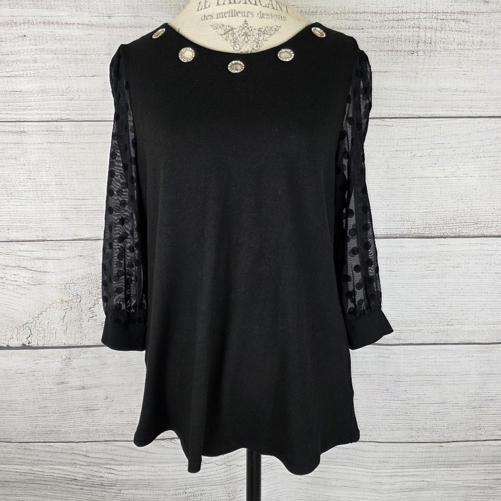 Retrology Black Women's Top with Sheer Polka Dot Sleeves